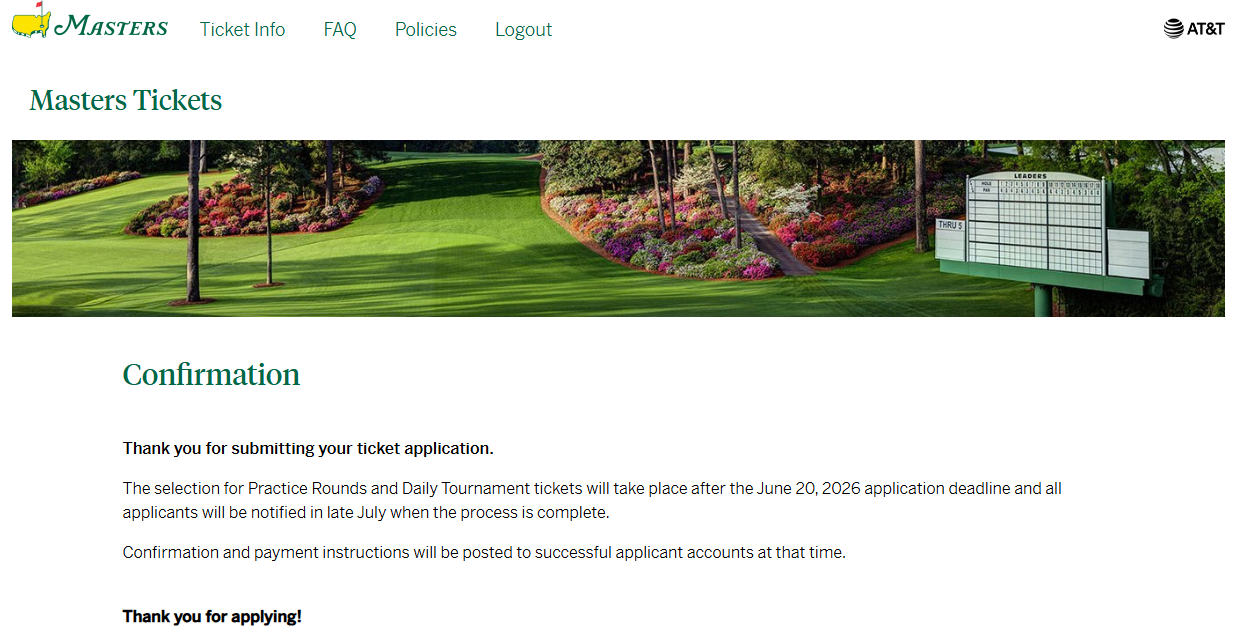 Masters ticket application confirmation page showing the submission was received and applicants will be notified in late July.
